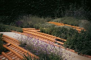 A garden using tiles as separators and decorations