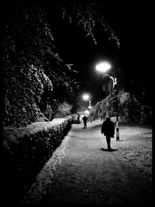 Path in the night during a snowfall with people going home after work.
