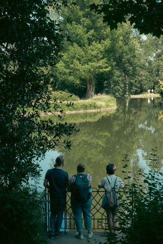 3 people leaning on a fence, contemplating a large pond garden with massive trees around